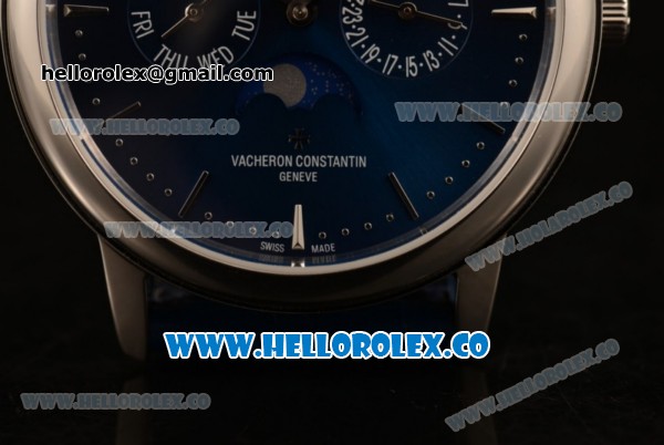 Vacheron Constantin Patrimony Perpetual Calendar Clone Original Automatic Steel Case with Blue Dial and Blue Leather Strap - (AAAF) - Click Image to Close